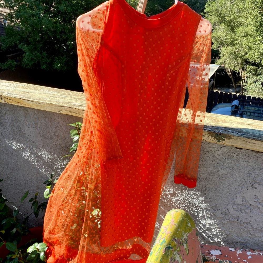 1960s orange polka dolt sheath sheer dress with sewn in slip.